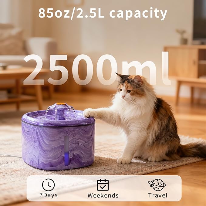 Cat Water Fountain Purple: Automatic Flower Pet Water Fountain for Cats Indoor-84oz/2.5L, Cute Cat Fountain for Drinking, LED Blue Light, Upgraded Ultra Quiet Pump, Gifts for Cats, Dogs (8Filters)