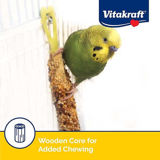 Vitakraft Crunch Sticks Parakeet Treat – 2 Sticks in Orange and Apricot Flavor – Triple Baked with Natural Wood Center – Added Vitamins and Minerals with Cage Clip Holder for Long-Lasting Enrichment