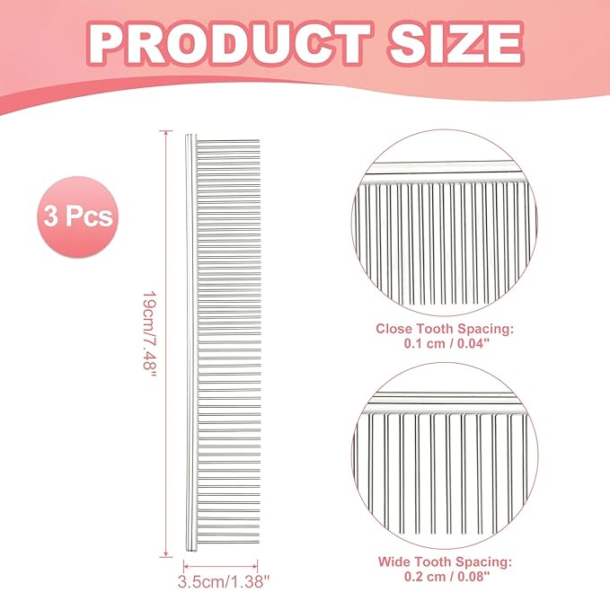 Dog Cat Comb, Pet Combs Stainless Steel Teeth with Rounded Ends for Knots Mats Loose Hair Removal, 7.5IN (Silver, 3 Pack), Grooming Tool Intended for Long Curly Hair Pet