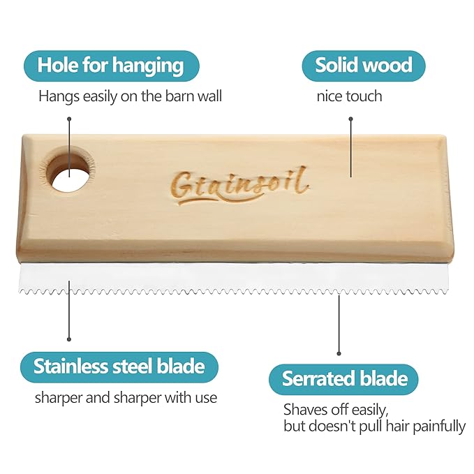 Shedding and Grooming Tool - Brush Scraper for Pets' Undercoat, Horses, Cattle, and Cats, Wooden Handle with Stainless Steel Blade