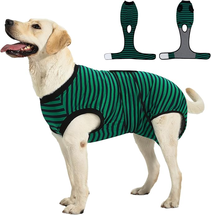 Recovery Suit for Dogs Cats After Surgery, E-Collar & Cone Alternative Surgical Suit, Prevent Licking Dog Onesies Pet Surgery Recovery Suit Soft Dog Bodysuit, Green Navy Stripes, L
