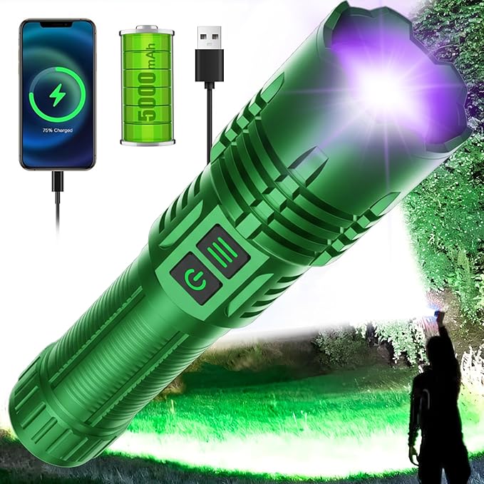 AdamStar UV&High Lumens Flashlight Rechargeable, 2-in-1 Powerful Blacklight LED Flashlight Tactical 6 Modes Super Bright Waterproof Zoomable Detector for Pet Urine Curing Resin Camping