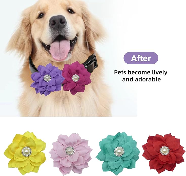 Dog Collar Flower Accessories with Pearls, Decorative Flower Charms for Dog and Cat Collars, Pack of 6