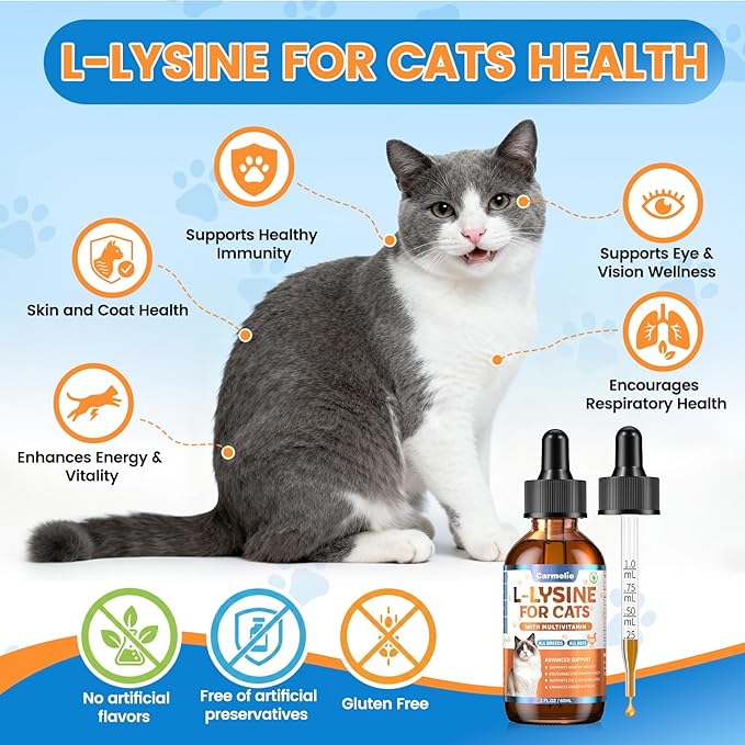 L-Lysine Supplement for Cats - Immune & Respiratory Support for Feline Health - Promotes Eye Function, Reduces Sneezing & Runny Nose - Natural Defense Boost - Roast Chicken Flavor, 60ML