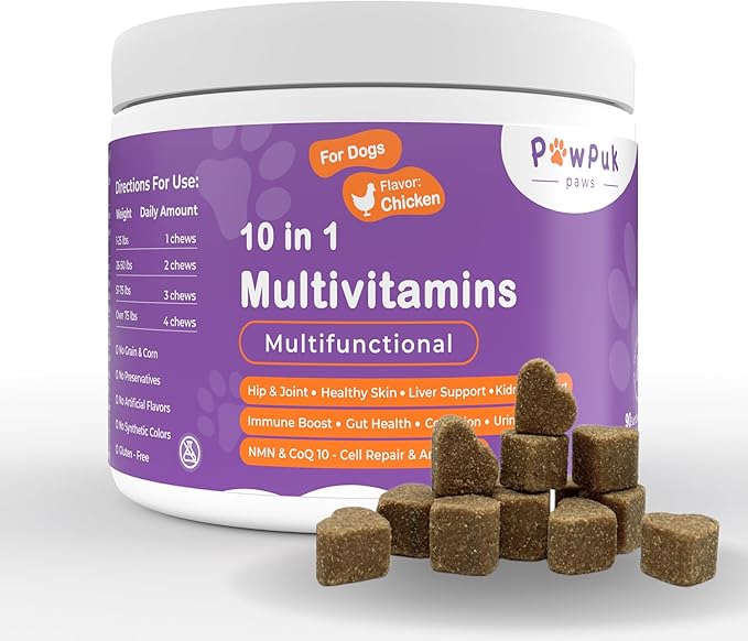 Multifunctional Dog Supplements and Vitamins, Silymarin, Green Lipped Mussel, Glucosamine, MSM, Salmon Oil, Probiotics, Co-Q10, NMN, Antioxidant, Immune, Gut, UTI, Radiant Skin & Coat