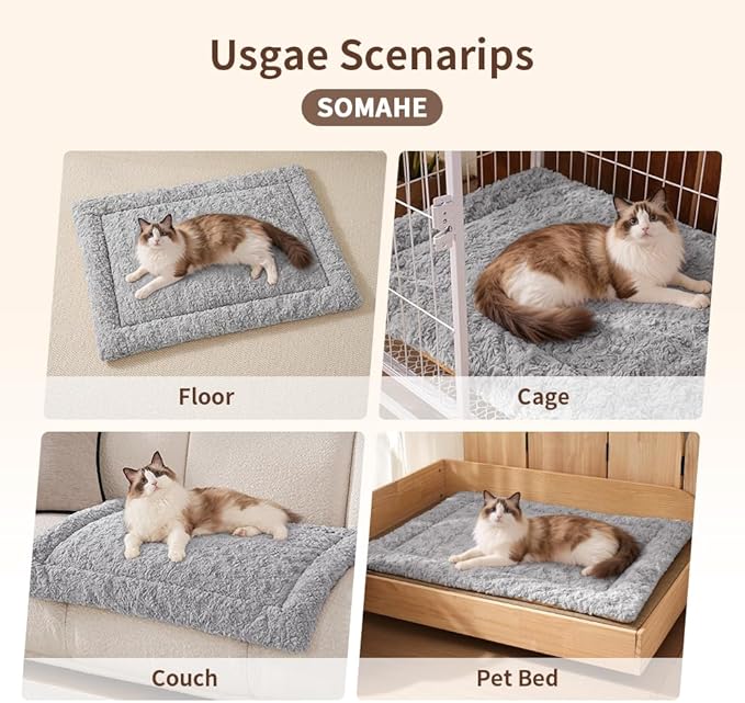 Self Warming Cat Bed Mat, Washable Self Heating Cat Mat, Extra Warm Thermal Pet Pad with Non-Slip Bottom, Soft Plush Faux Fur for Indoor Pet Sleep Cushion, 23x15 Inch Beige