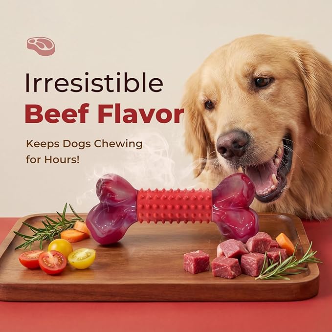 Apasiri 3-Pack Tough Dog Toys for Aggressive Chewers: Beef Flavored Long Lasting Dog Bones for Large Dogs, Heavy Duty Nylon & Rubber Dog Chew Toys to Keep Them Busy, Medium & Large Breed, Red