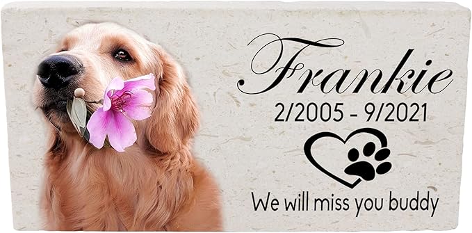 Custom Dog Memorial Stone, Personalized Pet Headstones for Dogs, Outdoor Pet Grave Markers with Photo Print and Text, Loss of Pet Sympathy Gift, 12”x 6”x1.25" Pet Grave Stone (A. Frankie Design)