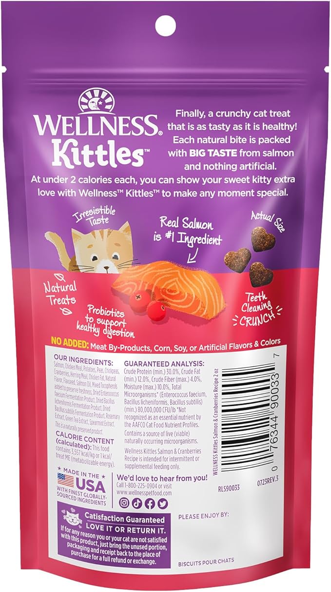 Wellness Kittles Crunchy Natural Grain Free Cat Treats, Salmon & Cranberries Recipe, All Life Stages, 2-Ounce Bag (Pack of 2)