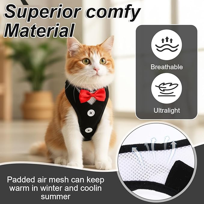 Cat Harness Leash Set for Walking Soft Adjustable Cats Vest Harnesses Escape Proof Comfortable Breathable Mesh Kitten Anti-Escape Leash Chest Harness Easy to Wear for Outdoor Travel