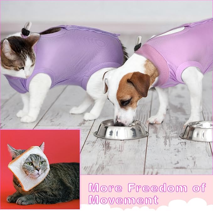 Nuanchu 3 Pieces Cat Recovery Suit Kitten Recovery Suit E-Collar Alternative for Cats and Dogs Abdominal Skin Anti Licking Pajama Clothes Sets(Small,Solid Style,Purple Pink Blue)