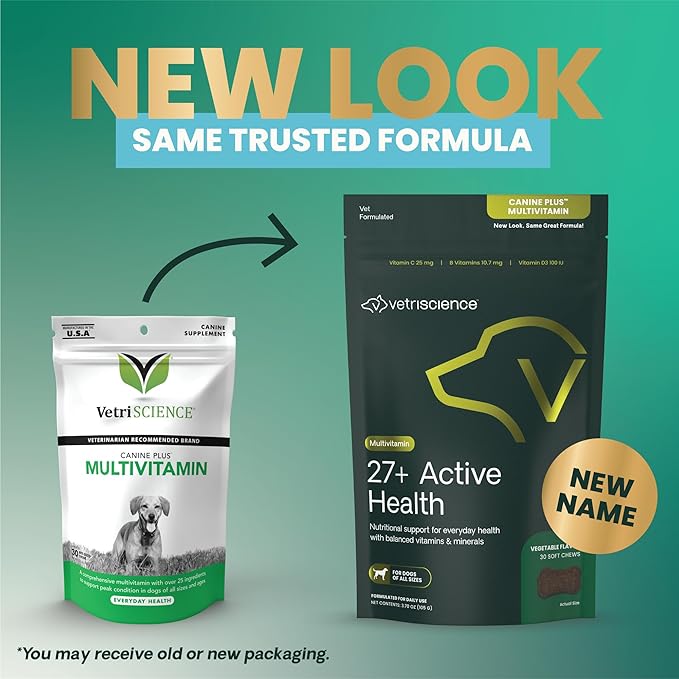 VetriScience 27+ Active Health Chews, Canine Plus Daily Multivitamin for Puppies and Adult Dogs, Balanced Vitamins, Minerals & Antioxidants, Veggie, 30 Count