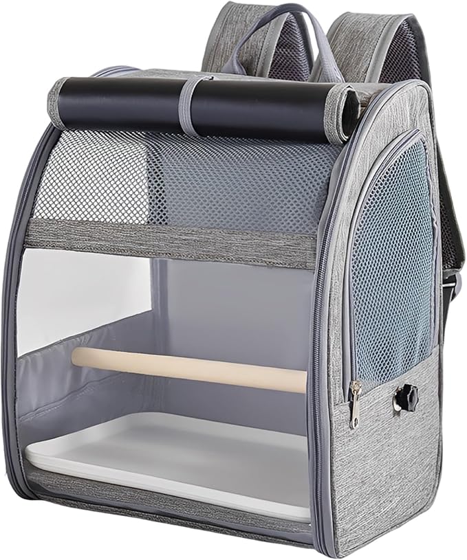 Bird Carrier with Mesh Window and Removable Perch & Tray, 12.2 X 9.6 X 15 in Portable Gray Bird Backpack, Suitable for Cockatiel