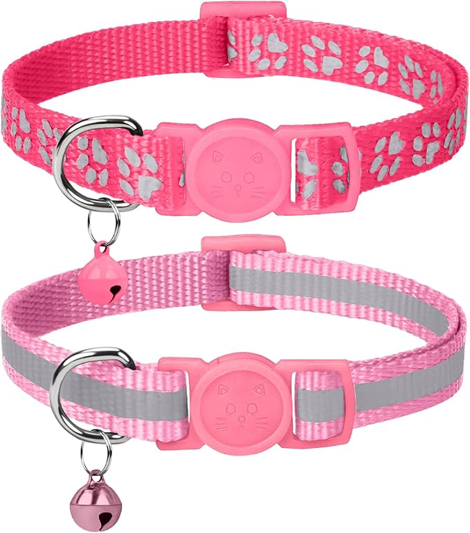 Taglory Reflective Cat Collar Breakaway with Bell, High Visibility Night Strip, Lightweight Adjustable Nylon Collar for Boy Girl Cats, 2 Pack, 7.5-12.5 Inch, Pink