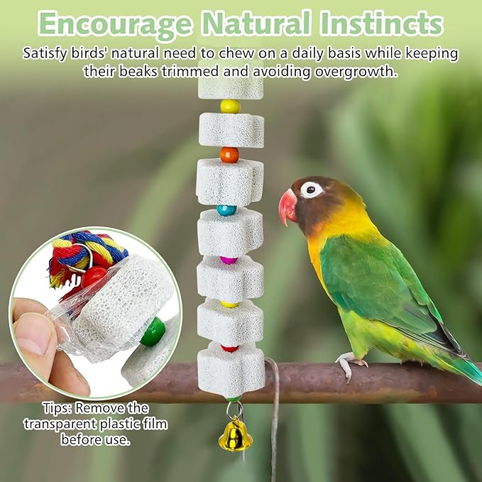 3 Pack Bird Chewing Toy Lava Calcium Bird Beak Grinding Stone with Bell Hanging Parakeet Cage Accessories for Parrot Budgies Hamster Chinchilla Rabbit African Grey
