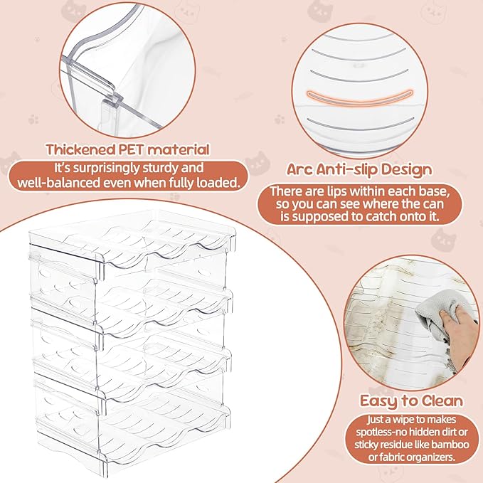 FHTONGE Heavy-Duty Cat Can Organizer for Multiple Sizes, Transparent Wet Cat Food Storage Rack for Pantry Kitchen Cabinet Rridge, 4-Tier Pet Canned Goods Dispenser Shelf Dog Tins Holder Container