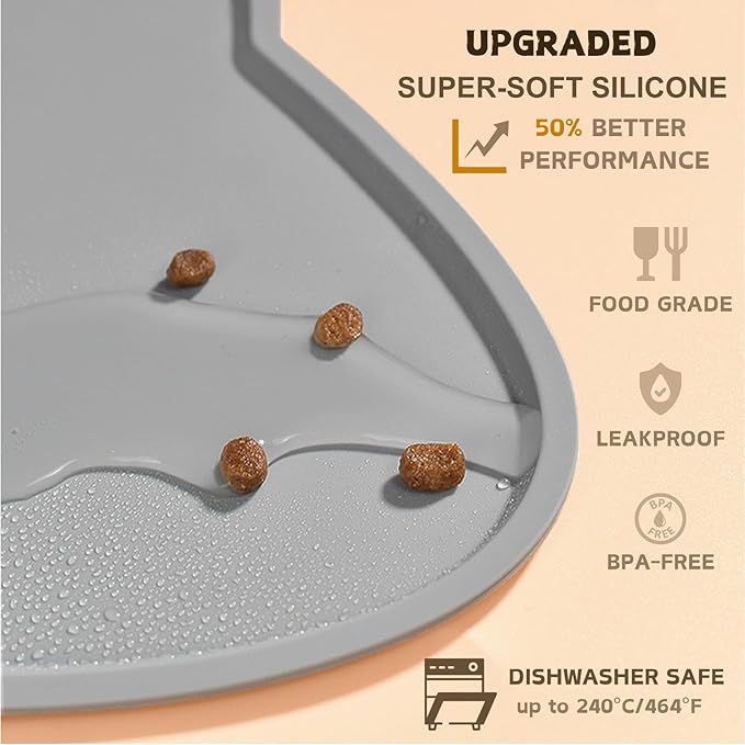 Cat Food Mat, Silicone Non Slip Dog Bowl Mat Waterproof Cat Feeding Mat Stop Food Spills and Water Messes Out to Floor Pet Food Mat (Dark Gray, 20" x 12")