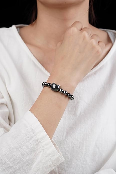 Black Obsidian Cat Bracelet and Moon Pendant Necklace Jewelry Set-Cat Lover Gifts,Wealth Attraction,Good Luck,Bead Bracelet,Mindfulness,Beaded Bracelets, Obsidian Pendant Necklace-Cute Gifts for Women