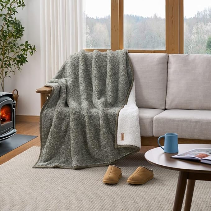 BEARPAW Sherpa Throw Blanket - Ultra Soft Plush Warm Reversible Fluffy Blanket for Bed Couch Sofa & Living Room Decor, House Decor, Room Decor Gifts for Women - 50"x70", Gray (Valley) (Green)