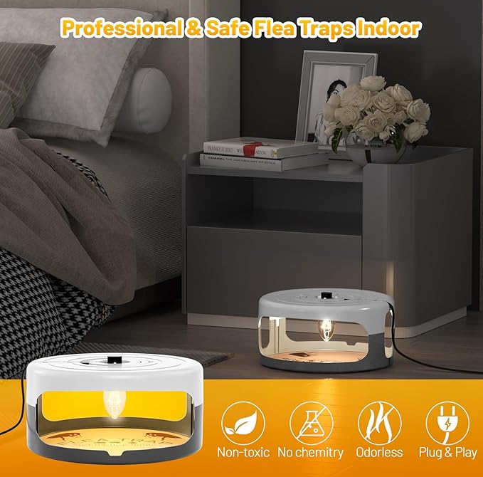 2 Pack Flea Traps for Inside Your Home, Indoor Flea Light, Bed Bug Killer with 8 Sticky Pads & 4 Light Bulb, Odorless Natural Insect Infestation Treatment Trap for Kid Pet