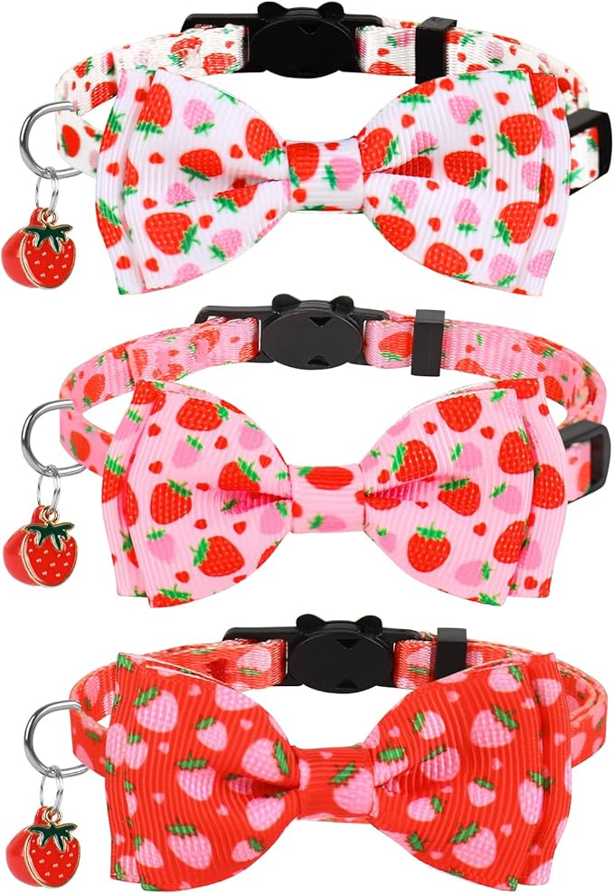 JarThenaAMCS 3Pcs Strawberry Cat Collar Pink Red Fruit Bowtie Collar with Breakaway Bell Cute Adjustable Kitten Collars for Summer Girl Boy Cat Small Pet