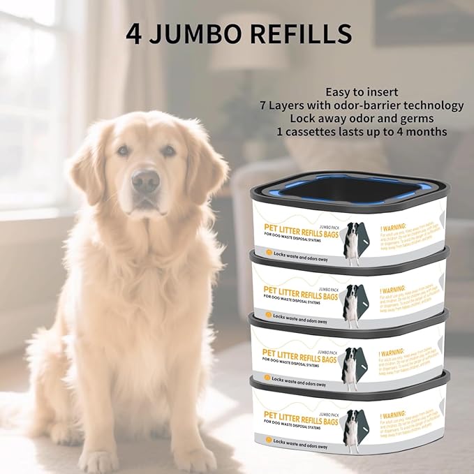 4 Pack 42 FT Jumbo Square Refills Disposal Bags Refill Compatible with Pet Dogs Genie Dog Waste Disposal System Pails, Ultimate Odor Control Dog Poop Bags