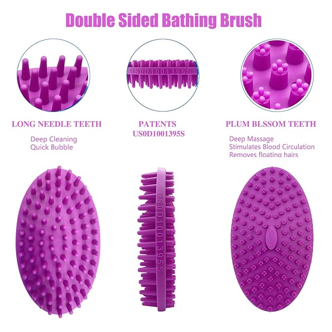ROPO Double Sided Dog Bath Brush, Pet Grooming Tool with Long and Plum Blossom Teeth, Deep Cleaning and Massage (Purple)