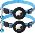 2 Pack Airtag Cat Collar with Bell, Reflective Nylon Kitten Collar with Apple Air Tag Holder and Breakaway Safety Buckle for Puppy Girl Boy Cats, 3/8" in Width and Lightweight, Blue
