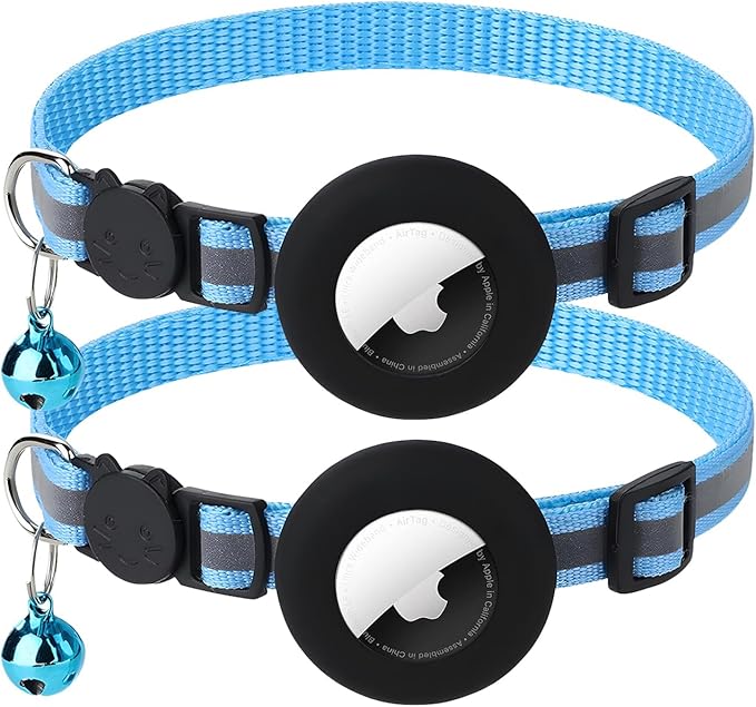 2 Pack Airtag Cat Collar with Bell, Reflective Nylon Kitten Collar with Apple Air Tag Holder and Breakaway Safety Buckle for Puppy Girl Boy Cats, 3/8" in Width and Lightweight, Blue