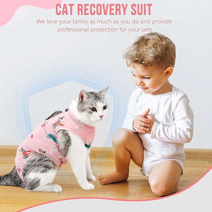 SlowTon Cat Recovery Suit - Cat Onesie for Cats After Surgery, Spay Suit for Abdominal Wounds, E-Collar Alternative Bodysuit Shirt Anti-Licking (Pink, S)