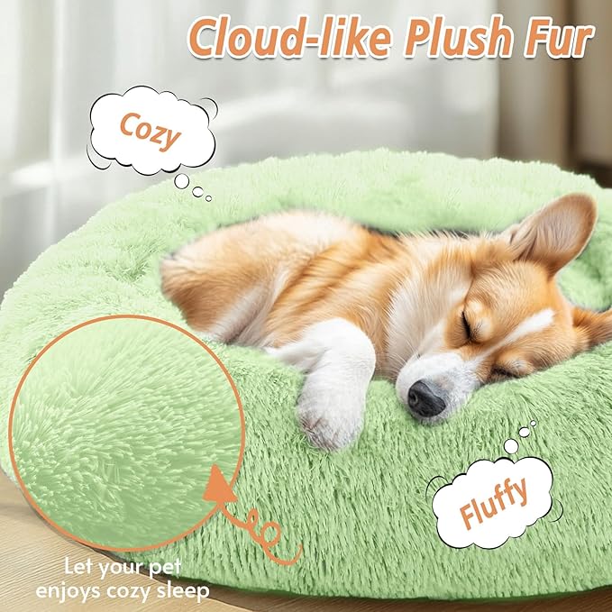 JOLLYVOGUE Calming Dog Bed Large Size Dog, Anti-Anxiety Donut Large Pet Bed, 36 inches Fluffy Faux Fur Round Cat Bed, Fits up to 75 lbs Pets (Light Green)
