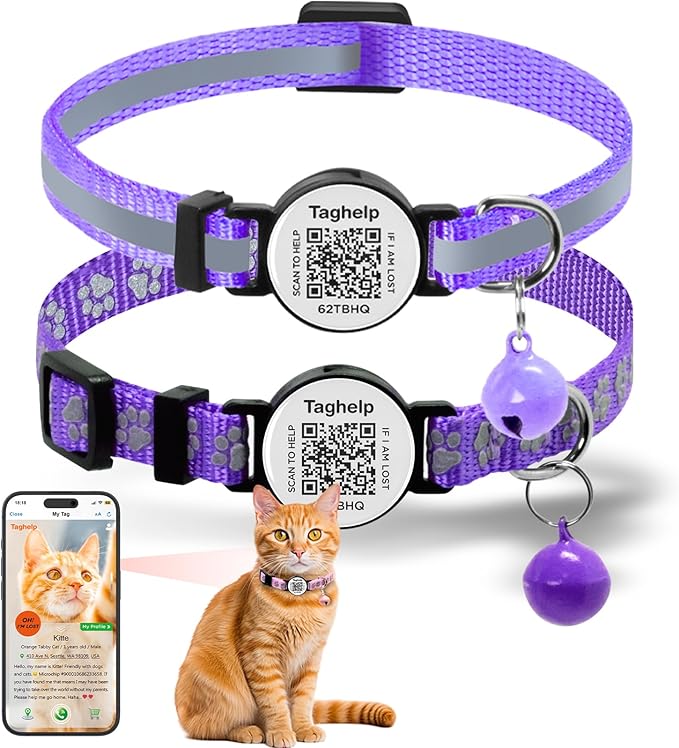 Smart Lost Pet Solution: QR Code Cat Collar Breakaway with Online ID, 2 Pack Reflective Adjustable Collar with Bells (7.5-12.5 Inch) for Indoor/Outdoor Cats, Purple by TAGHELP