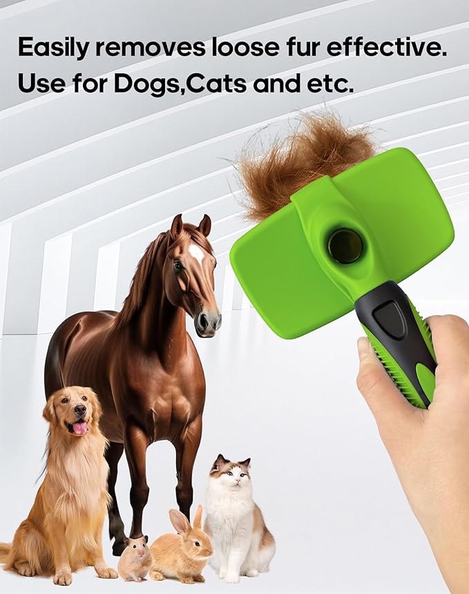 Self Cleaning Shedding Brush - Skin Friendly Grooming Tool for Dogs, Cats, and Puppies, Deshedding and Hair Removal for Long and Short Haired Pets (Green)