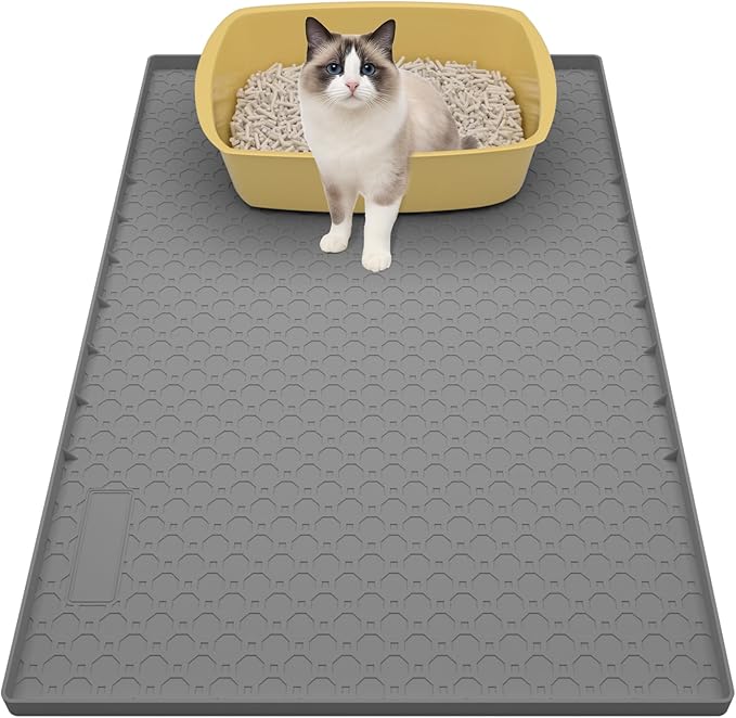 Silicone Large Cat Litter Mat 34" X 22", Cat Mat for Litter Box, Cats Litter Trapping Mats with Raised Edges, Non-Slip and Urine Waterproof Surface, Gray