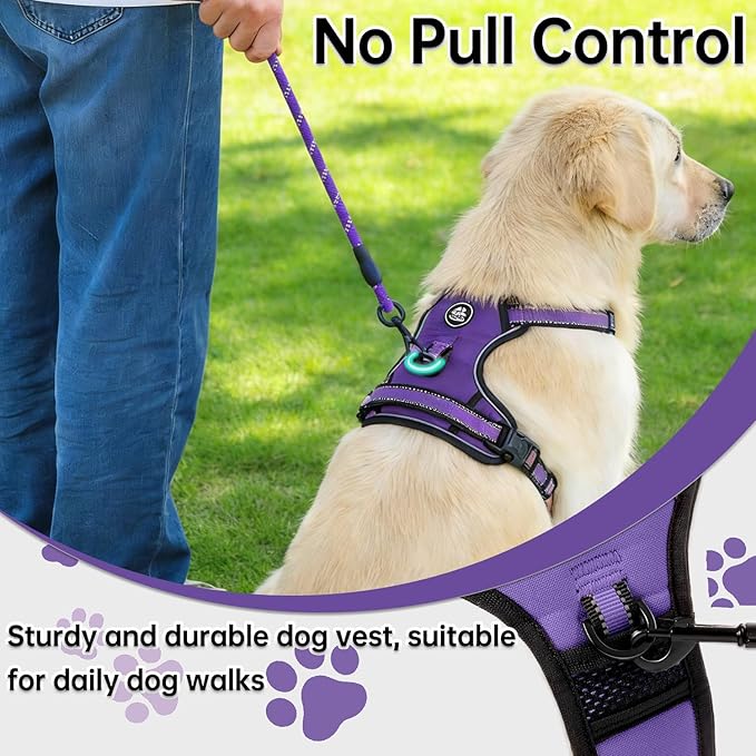 NESTROAD No Pull Dog Harness,Adjustable Oxford Dog Vest Harness with Leash,Reflective No-Choke Pet Harness with Easy Control Soft Handle for Small Medium Dogs(Medium,Purple)