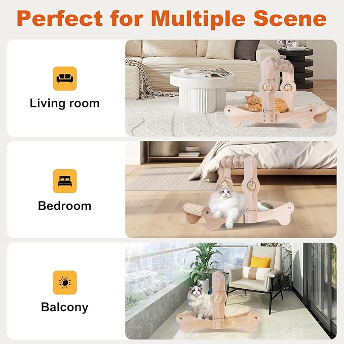 Oroonoko 4-in-1 Cat Scratcher Bed with Scratching Balls & Bells, Large Sisal Scratching Bed, Cat Scratches Bed for Indoor Cats, Anti-Tip Wood Base, Cat Bed & Scratch Pad for Large Cats up to 50 lbs