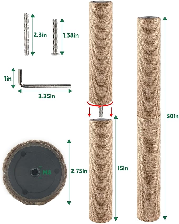BNOSDM 2 Pcs 15”x2.75” M8 Cat Tree Scratching Post Replacement Parts for Indoor Cats Tower Rope Scratch Poles Refill Sisal Part for Refurbishment Hemp Grey