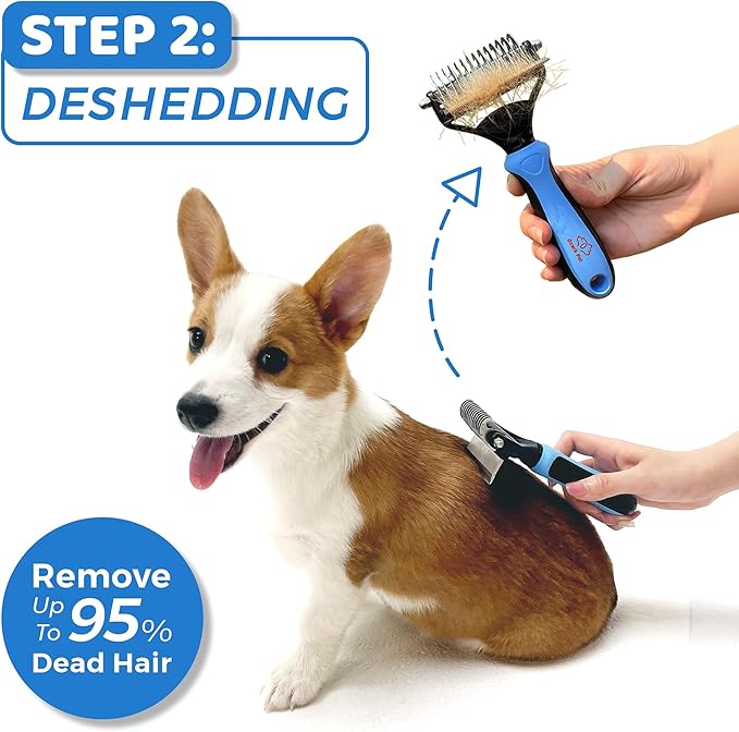 Dog Brush and Cat Brush-with Deshedding Brush, Dog Dematting Tools, Undercoat for Dogs, Deshedding Tool, Reduce Shedding Up To 95%, for Short to Long Hair, and Large Breeds by Ozark Pet (Blue L)