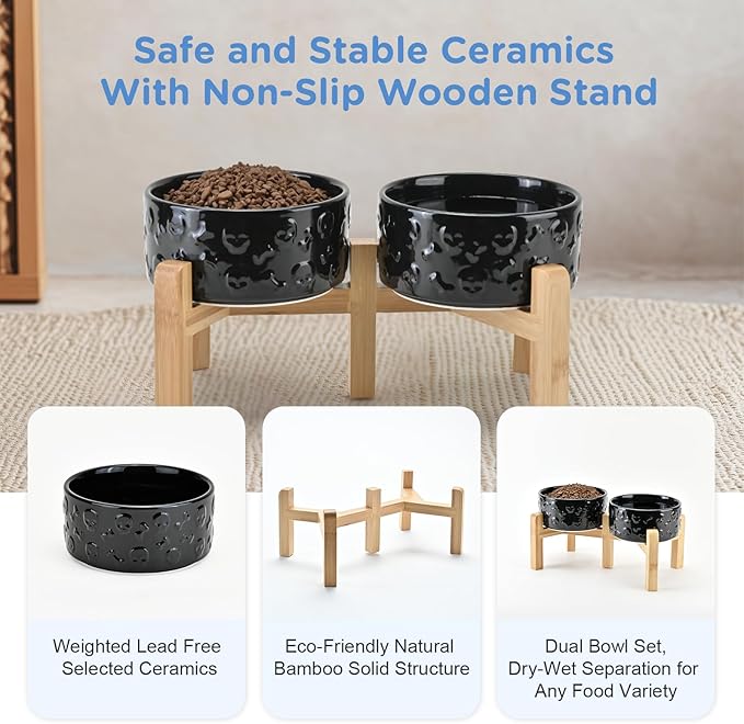 SPUNKYJUNKY Elevated Dog Bowls Ceramic, 6.1'' Dogs and Cat Food Water Bowls Raised with Non-Slip Bamboo Stand for Medium Sized Breed Microwave Dishwasher Safe - 28.7 OZ,Skull Black