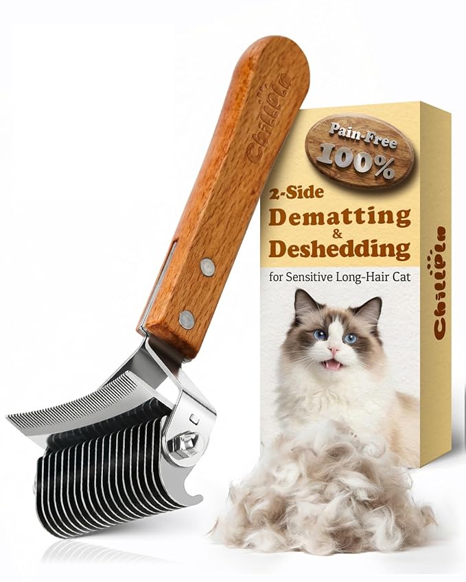 Cat Brush for Long Haired Cats - Double Sided Dematting Undercoat Rake for Persian, Ragdoll, Maine Coon - Professional Grooming Tool to Remove Mats, Tangles & Shedding - Skin-Safe Teeth