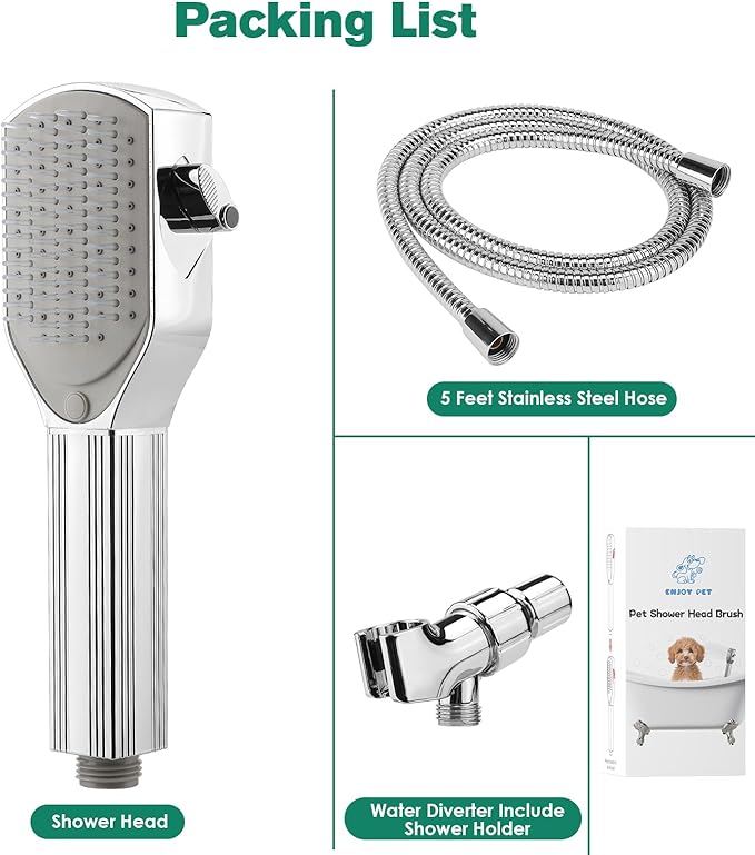 Dog Shower Attachment,Pet Washing Shower Sprayer with Stainless Steel Hose & Diverter Valve, 2 Mode Handheld Shower Head Brush, 3-in-1 Dog Shower Head for Bathing, Grooming, Massage - Indoor & Outdoor