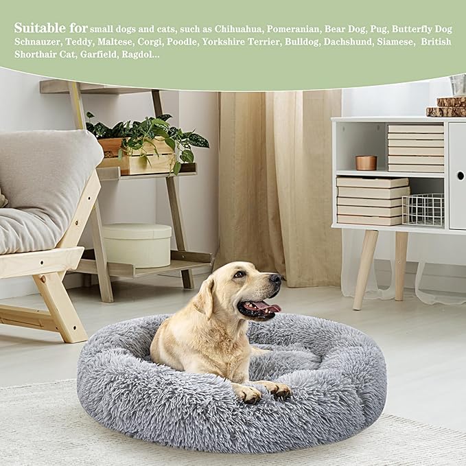 Calming Dog Bed for Big Dogs, 39'' Round Anti-Anxiety Warm Fluffy Plush Faux Fur Bed, Soft Anti-Slip Donut Washable Big Pet Bed, Cozy Big Dogs Bed, Fits up to 100 lbs Pets