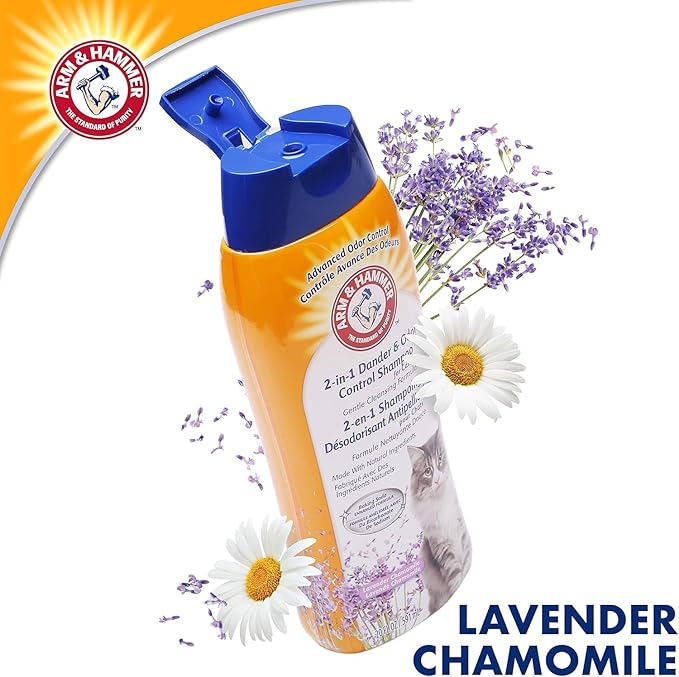 Arm & Hammer 2-in-1 Deodorizing & Dander Reducing Shampoo for Cats, Baking Soda Cat Shampoo for Dander, Odor Control and Coat Cleaning, Lavender Chamomile Scent, 20 Fl Oz - 2 Pack