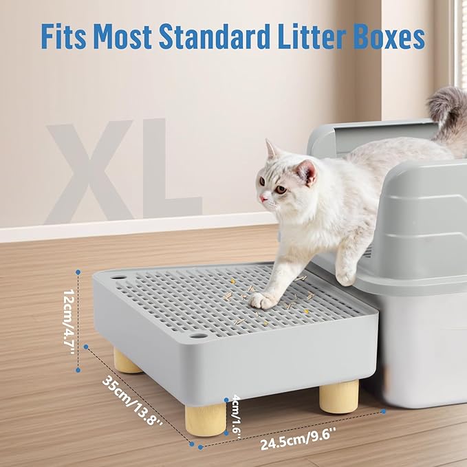 Extra Large Cat Litter Box Step Ramp, Cat's Litter Catcher Mat with Wooden Feet, Filter Function, Pedal Stool for Self-Cleaning Cat Litter Box, Ideal for Kitten & Elderly Cats (Light Grey)