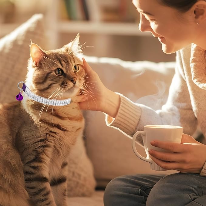 EXPAWLORER Soft Velvet Safe Cat Collars for Girl Cats - Rhinestones Bling Diamante Adjustable Collars Breakaway- Chirstmas Cat Clollar Gifts with Bells for Boy Cats Kitty and Small Dogs