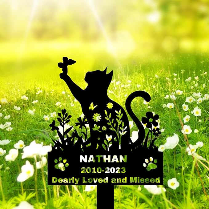 Custom Flowers Cat Memorial Grave Marker, Personalized Butterfly Cat Metal Memorial Stake Outdoor Grave Marker, Customized Pet Garden Marker Loss of Cat Sympathy Gift Memorial Plaque