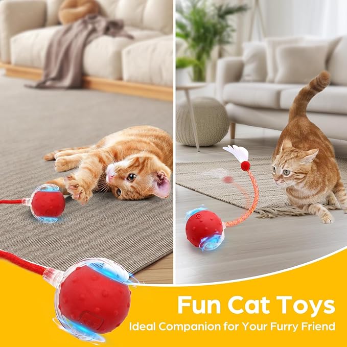 Interactive Cat Toys, 2 Pcs Automatic Moving Cats Toy with Elastic Mesh Bell Tail, Rechargeable Cat Ball for Bored Indoor Adult Cats, Energetic-cat (Red+Blue)