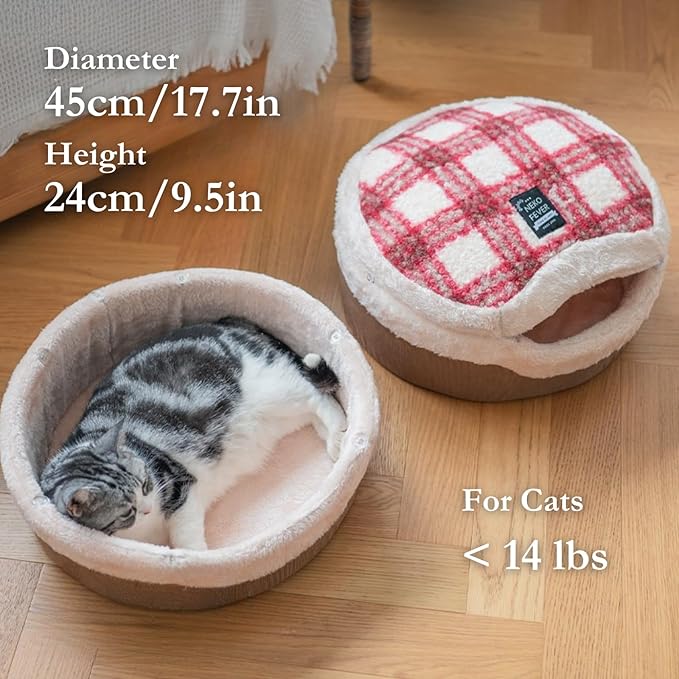 Cat Cave Bed – Enclosed Self Warming Hideaway with Detachable Lid & Mat, Covered House for Indoor Kitten & Kitty (Redwhite)