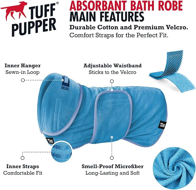 Tuff Pupper Fast Drying Dog Bath Robe | 800 GSM Plush Dog Towel Bathrobe/Dressing Gown | Super Absorbent Pet/Puppy Bathrobe | Adjustable Hood & Belly Strap | Super Soft | Fast Drying (XS, Blue)