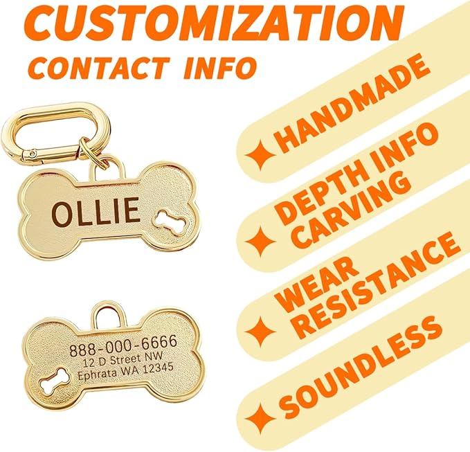 Dogs ID Tags Personalized Front and Back Engraving Brass Bone Shape Small..